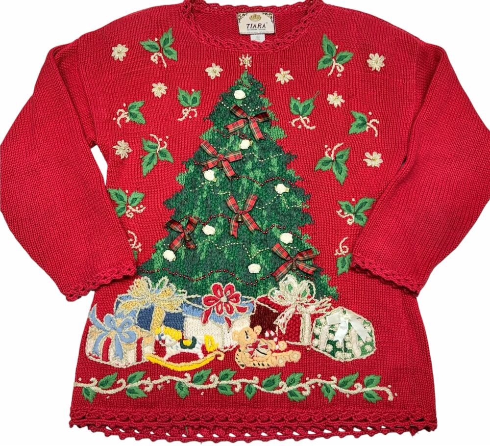 Tiara International Christmas Sweater Womens S Red Tree Embroidered 3D Ugly Xmas